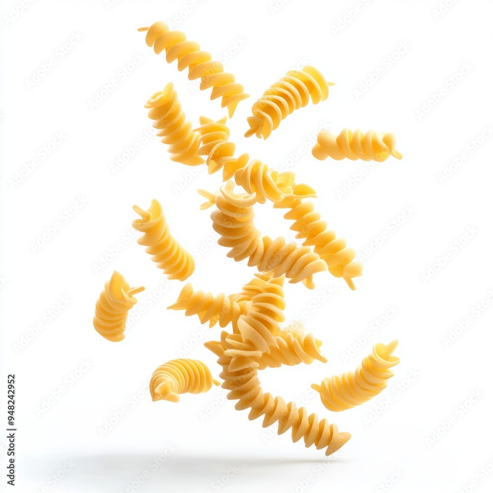 Close up of Falling raw Fusilli, Rotini, uncooked Italian Pasta, isolated on white background Close up of Falling raw Fusilli, Rotini, uncooked Italian Pasta, isolated on white background