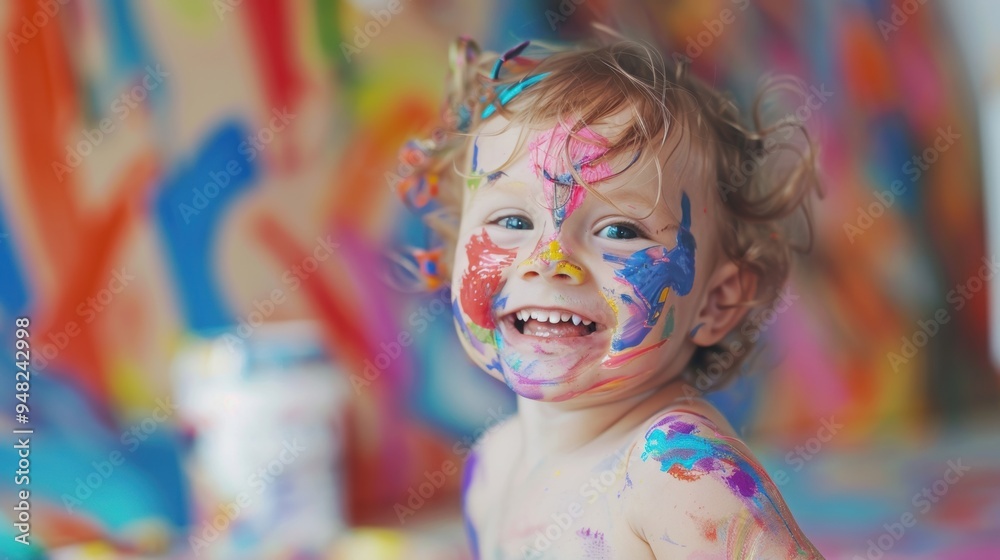 A joyful child with a face and body covered in colorful paint, expressing creativity and fun in an artistic environment. A joyful child with a face and body covered in colorful paint, expressing creativity and fun in an artistic environment.