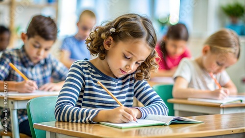 An elementary school student writing with a pen in a notebook during a lesson, surrounded by educational materials on the desk.