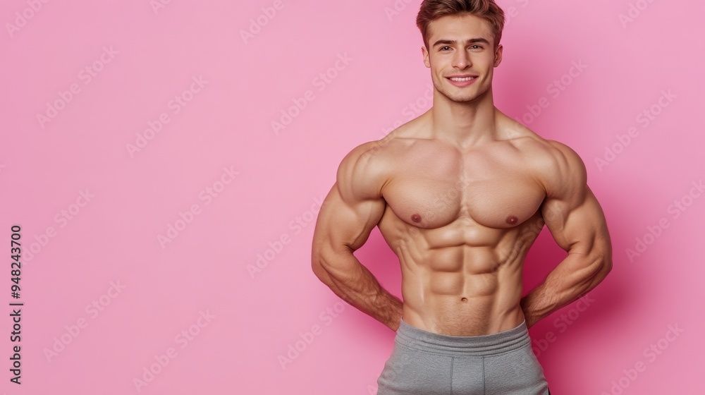 Fototapeta premium Definition of Strength - Isolated Six-Pack Abs of Young Man on Pastel Pink Background