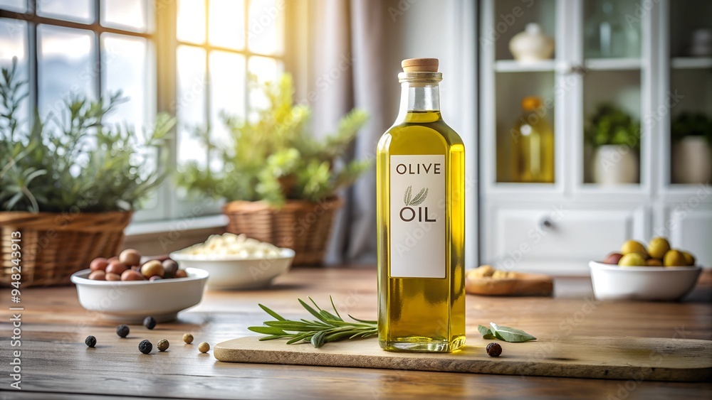 bottle of olive oil on the white kitchen table bottle of olive oil on the white kitchen table