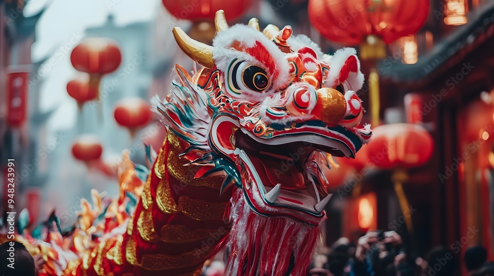 Fototapeta premium Chinese Dragon Dance Performance with Red Lanterns