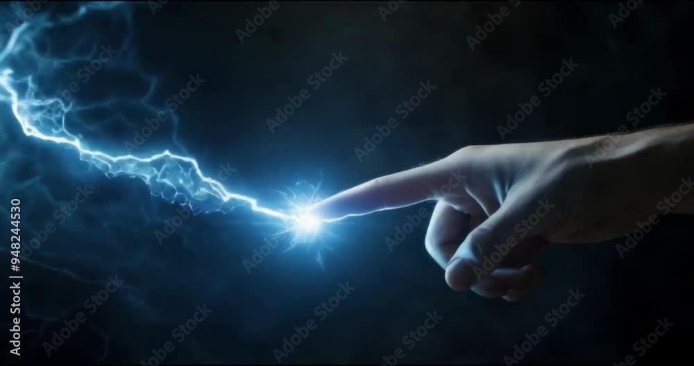 Finger touching lightning bolt on dark background.