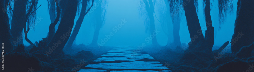 Obraz premium A path through a forest with trees and a foggy sky. Scene is mysterious and eerie