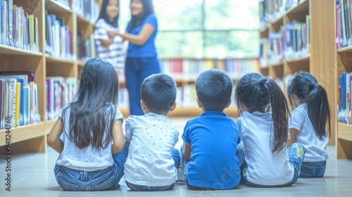 Elementary School Library Scene: Students Gathered on the Floor Engaged in a Joyful Adult Interaction