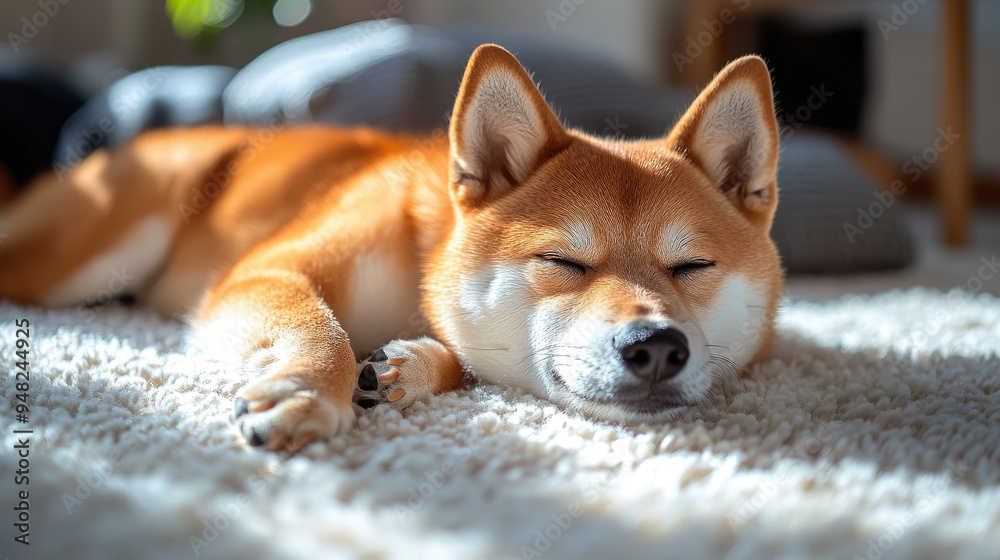 Shiba Inu dog lying on white carpet in stylish apartment, pet, breed, puppy, pet, domestic animal, house, living room, care, light background, floor, cute doggy, red fur, paws Shiba Inu dog lying on white carpet in stylish apartment, pet, breed, puppy, pet, domestic animal, house, living room, care, light background, floor, cute doggy, red fur, paws