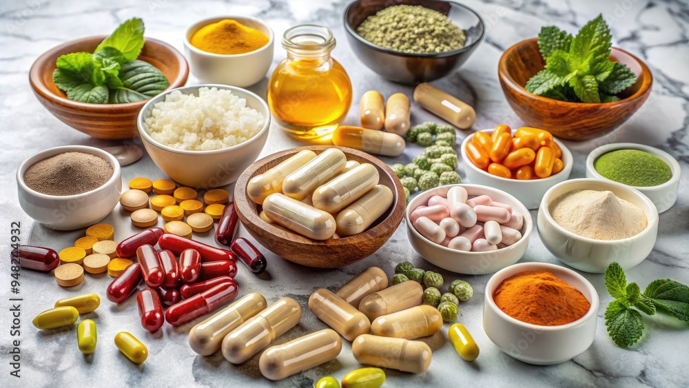 Assorted dietary supplements and vitamins in capsules, tablets, and powder forms on a marble table, symbolizing health, wellness, and nutritional support for a balanced lifestyle. Assorted dietary supplements and vitamins in capsules, tablets, and powder forms on a marble table, symbolizing health, wellness, and nutritional support for a balanced lifestyle.