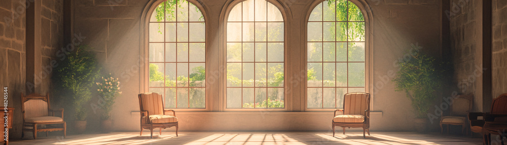A room with three arched windows and two chairs. The chairs are empty and the room is very bright A room with three arched windows and two chairs. The chairs are empty and the room is very bright