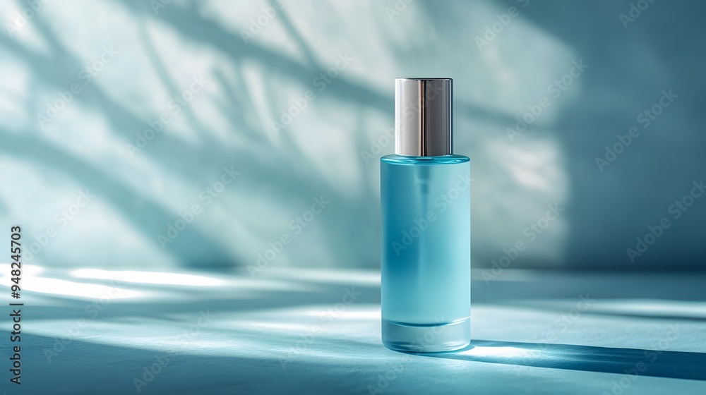 Frosted glass cosmetic bottle with silver cap, soft light blue color palette, minimalist product photography, gradient background, subtle reflections, clean and elegant design. Frosted glass cosmetic bottle with silver cap, soft light blue color palette, minimalist product photography, gradient background, subtle reflections, clean and elegant design.