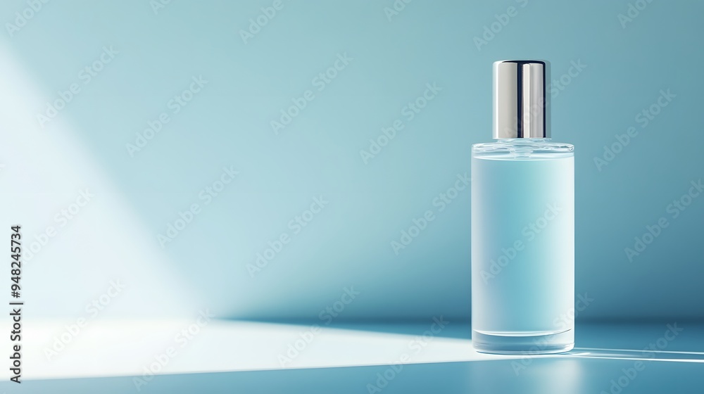 Frosted glass cosmetic bottle with silver cap, soft light blue color palette, minimalist product photography, gradient background, subtle reflections, clean and elegant design. Frosted glass cosmetic bottle with silver cap, soft light blue color palette, minimalist product photography, gradient background, subtle reflections, clean and elegant design.