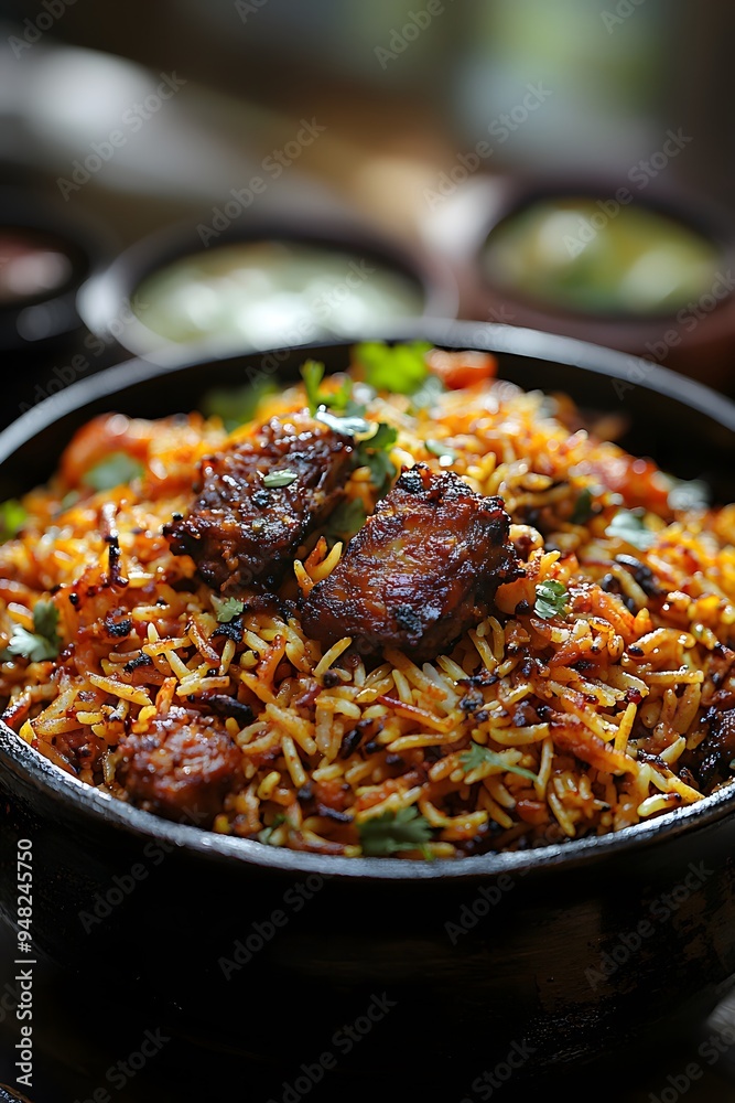 Biryani, A fragrant rice dish cooked with spices, meat, and vegetables.. Biryani, A fragrant rice dish cooked with spices, meat, and vegetables..