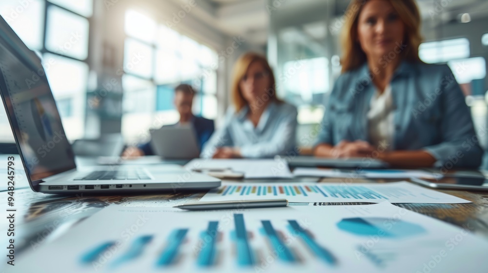Group of professionals in a business meeting, with charts and documents on the table, highlighting analysis and discussion. Group of professionals in a business meeting, with charts and documents on the table, highlighting analysis and discussion.