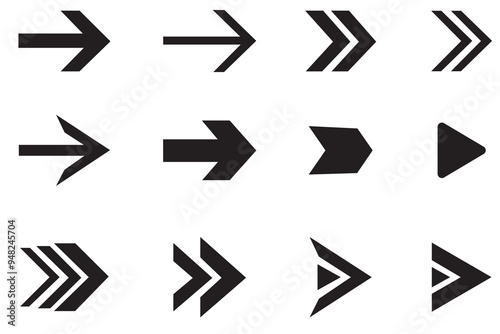 Arrow icon. Mega set of vector arrows. Set different cursor arrow direction symbols in flat style. Black arrows icons.  Arrow vector collection. Modern simple arrows. Vector illustration.
