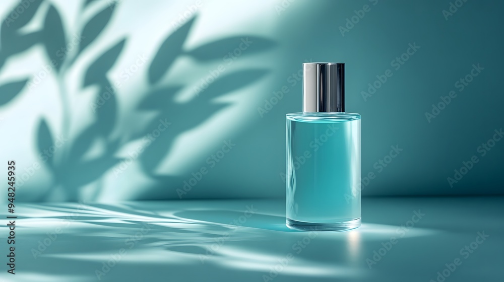 Frosted glass cosmetic bottle with silver cap, soft light blue color palette, minimalist product photography, gradient background, subtle reflections, clean and elegant design. Frosted glass cosmetic bottle with silver cap, soft light blue color palette, minimalist product photography, gradient background, subtle reflections, clean and elegant design.