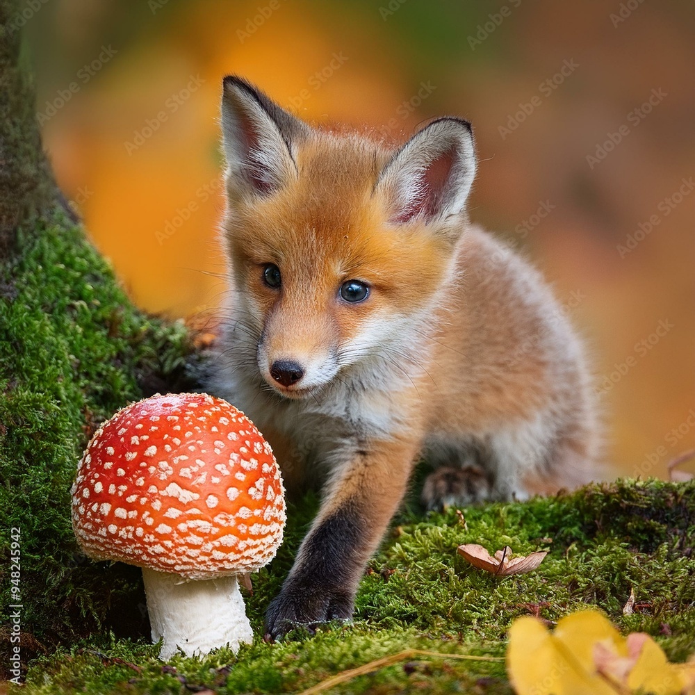 Naklejka premium Fuchsbaby bewundert einen Fliegenpilz im Herbst 