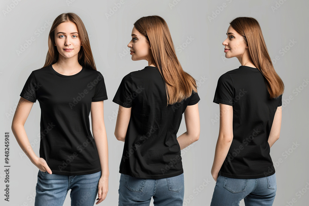 Obraz premium A woman is wearing a black shirt and blue jeans.