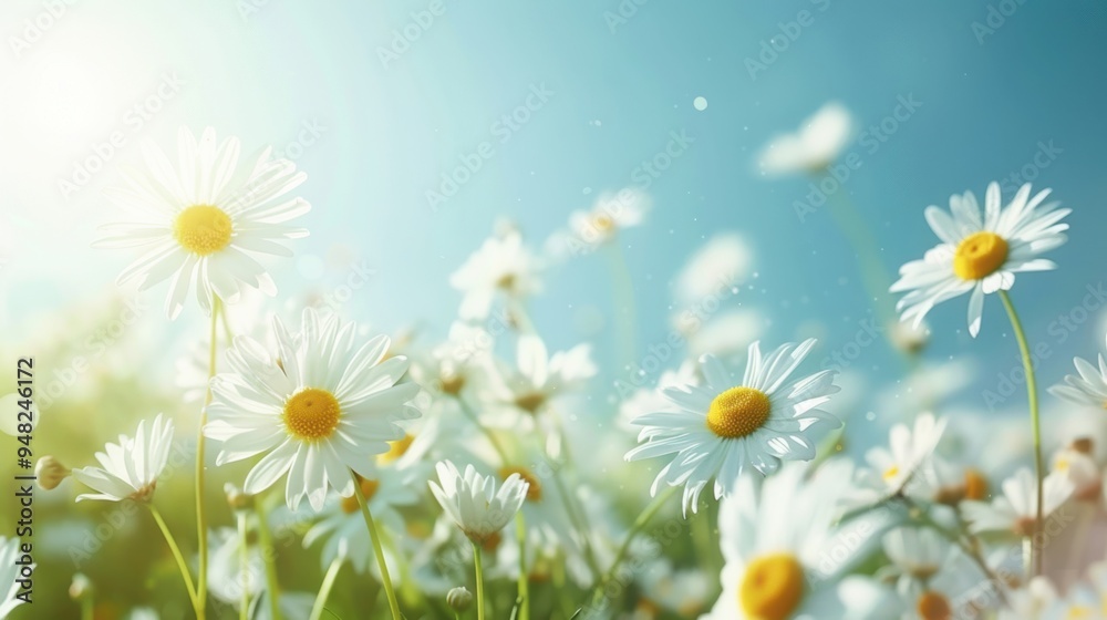 White daisies with yellow centers bloom in a sunlit meadow, showcasing the beauty of nature and the freshness of spring. White daisies with yellow centers bloom in a sunlit meadow, showcasing the beauty of nature and the freshness of spring.