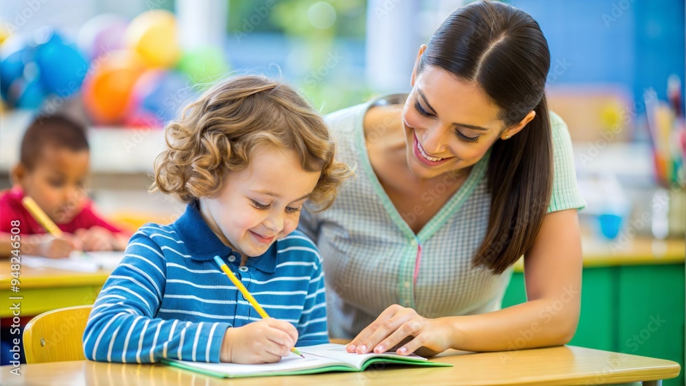 A child practicing handwriting with a pen in a notebook, with a teacher providing guidance in a bright, cheerful classroom A child practicing handwriting with a pen in a notebook, with a teacher providing guidance in a bright, cheerful classroom