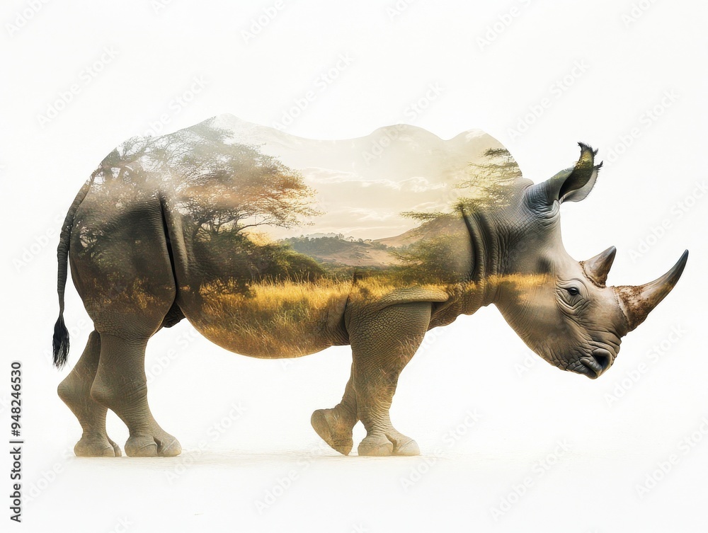 Fototapeta premium Double exposure photo, rhino with natural landscape, animals and nature, poachers, abstract thinking, meditating, contemplating, philosophy, silhouettes of animals, natural resources, endangered