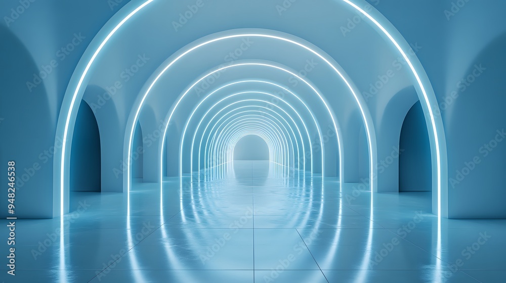 Obraz premium Futuristic white corridor with arched doorways, soft light blue neon lighting, infinite perspective, reflective floor, minimalist sci-fi interior, symmetrical composition, clean lines.