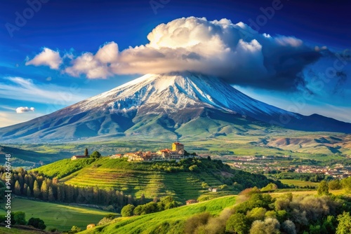 Majestic Mount Etna volcano rises above the rolling hills of Sicily, Italy, its snow-capped peak set against a brilliant blue sky with wispy white clouds.