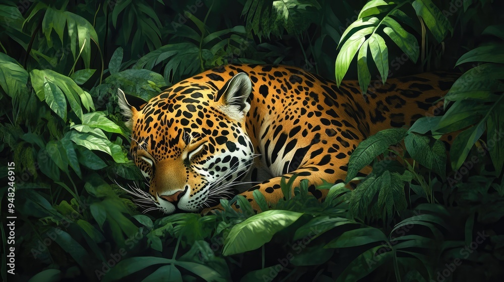 In the heart of the rainforest, a sleeping jaguar rests among the foliage, embodying the wild serenity of nature. In the heart of the rainforest, a sleeping jaguar rests among the foliage, embodying the wild serenity of nature.