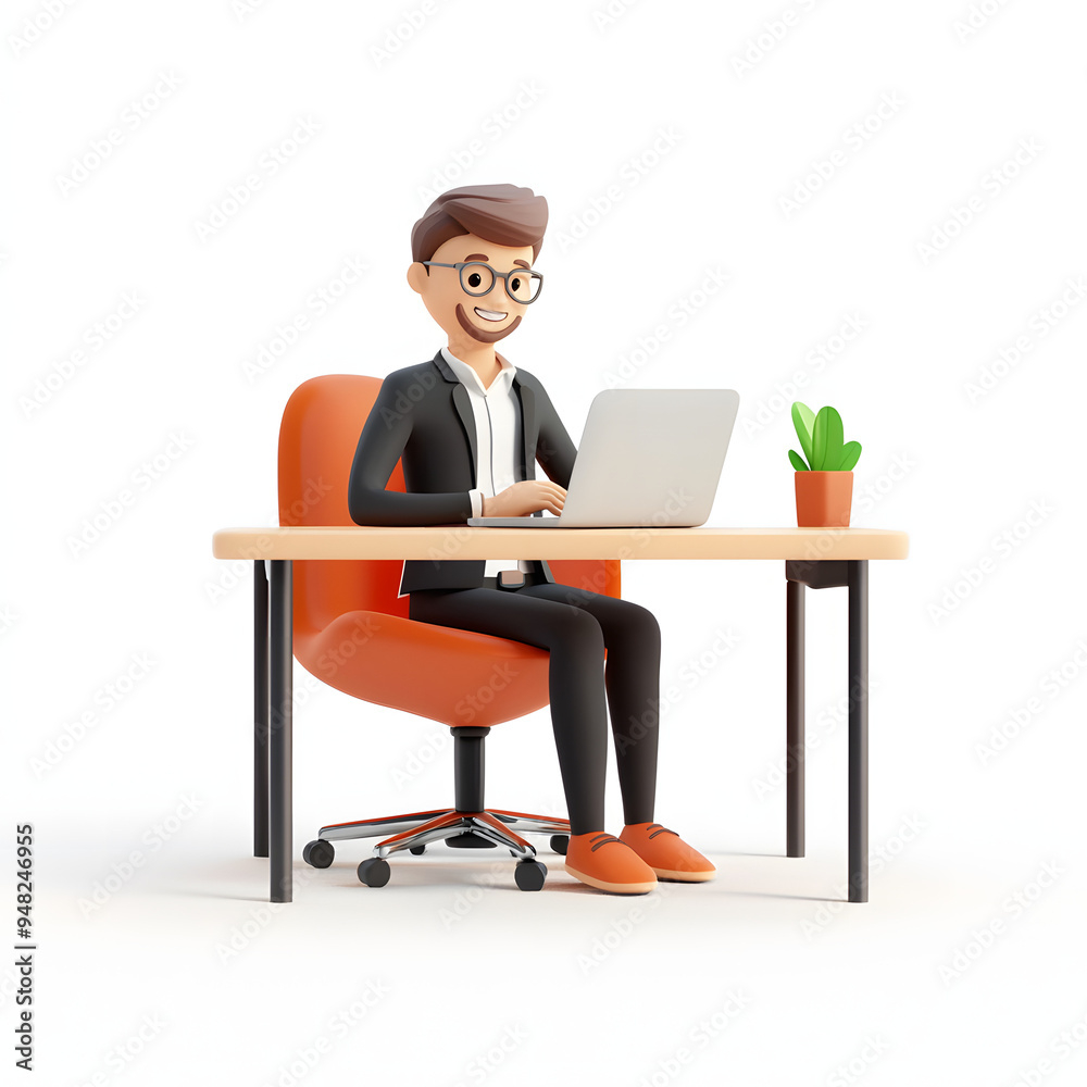 A 3D cartoon man manager in a suit is sitting at a desk, working on a laptop computer, against a white background. A 3D cartoon man manager in a suit is sitting at a desk, working on a laptop computer, against a white background.