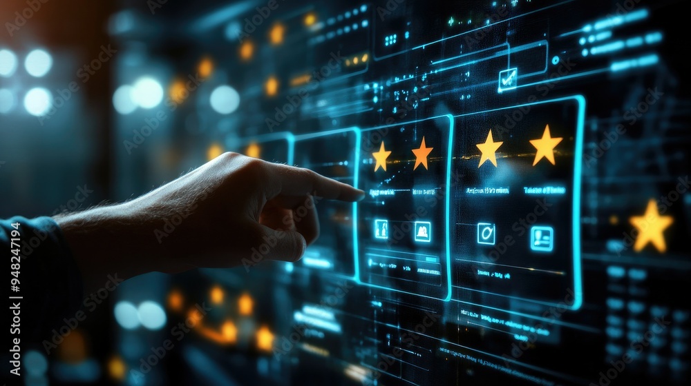A customer service rating being reviewed and rated online through a futuristic feedback form, featuring glowing stars and excellent survey results on a transparent screen. A customer service rating being reviewed and rated online through a futuristic feedback form, featuring glowing stars and excellent survey results on a transparent screen.