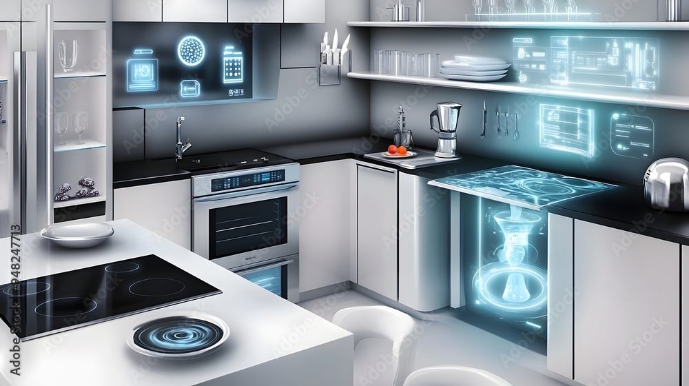 A modern technologically advanced office kitchen with IoT connected appliances smart home automation and a sleek efficient design that enhances productivity and convenience in the workplace A modern technologically advanced office kitchen with IoT connected appliances smart home automation and a sleek efficient design that enhances productivity and convenience in the workplace