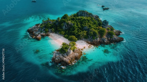 Aerial view of a stunning tropical island surrounded by turquoise waters, showcasing lush greenery and sandy beaches.