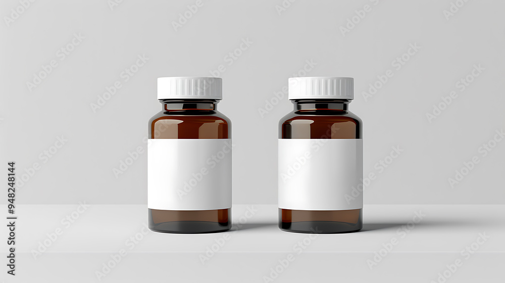 Two amber glass bottles with white lids and labels, ready for your design. Two amber glass bottles with white lids and labels, ready for your design.