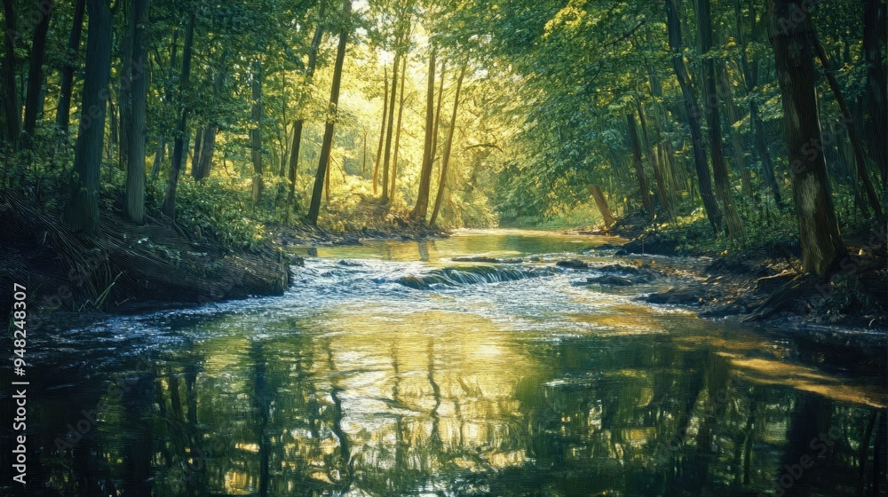 Impressionistic artwork of a river flowing through a dense forest, with dappled sunlight filtering through the trees and casting reflections on the water. Impressionistic artwork of a river flowing through a dense forest, with dappled sunlight filtering through the trees and casting reflections on the water.