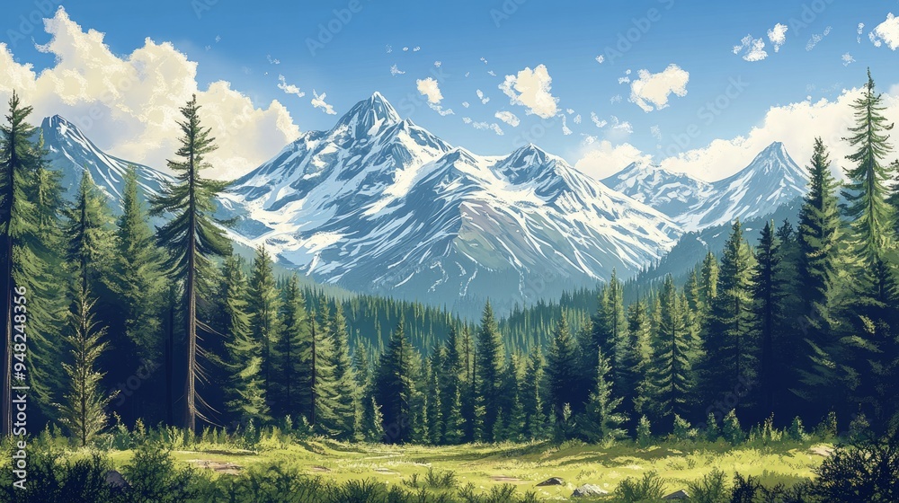 Majestic mountain wilderness landscape with snow-capped peaks, dense evergreen forests, and a clear blue sky, showcasing the beauty of untouched nature. Majestic mountain wilderness landscape with snow-capped peaks, dense evergreen forests, and a clear blue sky, showcasing the beauty of untouched nature.
