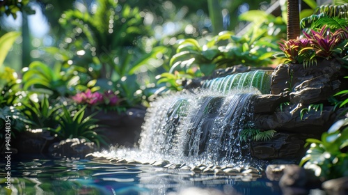 Fototapeta Naklejka Na Ścianę i Meble -  A lush tropical waterfall surrounded by dense jungle vegetation, highlighting the beauty and tranquility of nature.