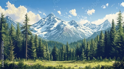 Majestic mountain wilderness landscape with snow-capped peaks, dense evergreen forests, and a clear blue sky, showcasing the beauty of untouched nature.