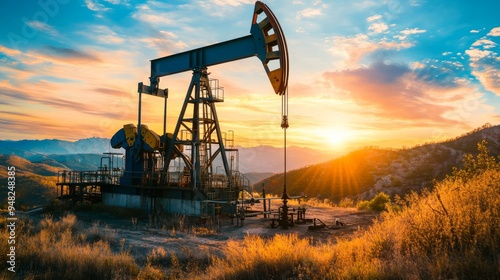 A huge oil drilling rig stands isolated in a desert, captured during the golden hour of sunset, symbolizing energy exploration.