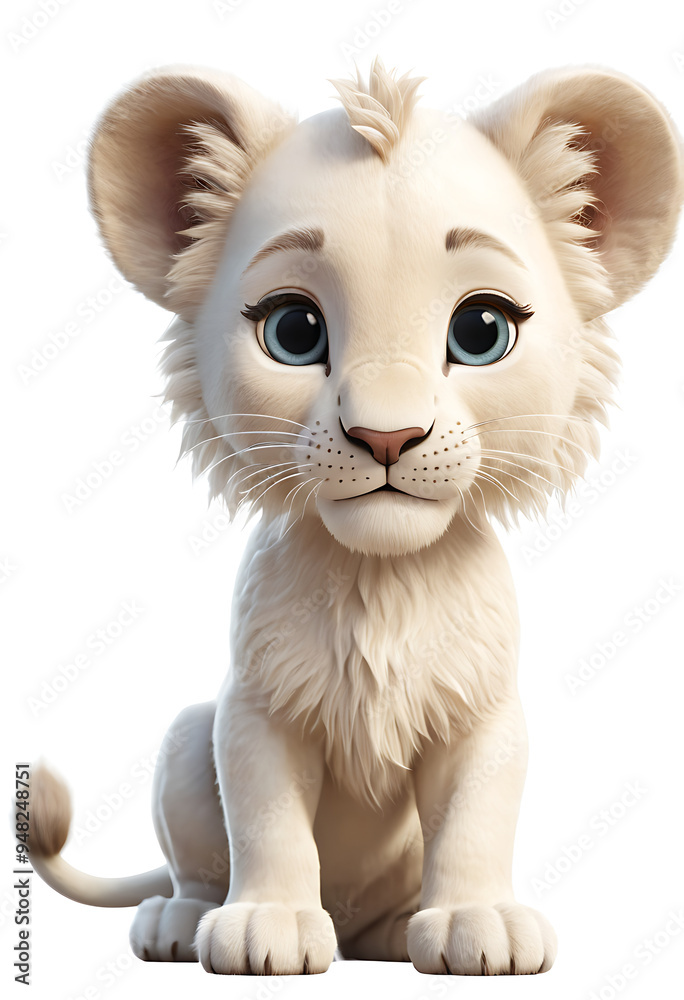 An adorable white lion cub with big blue eyes and a fluffy mane. Isolated on white, perfect for children's books, animations, or wildlife-themed designs. An adorable white lion cub with big blue eyes and a fluffy mane. Isolated on white, perfect for children's books, animations, or wildlife-themed designs.