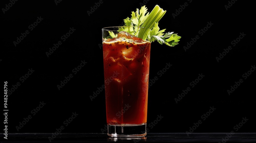 A Glass of Bloody Mary with Celery Garnish and Ice Cubes A Glass of Bloody Mary with Celery Garnish and Ice Cubes