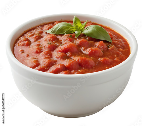 A bowl of rich, chunky tomato sauce garnished with fresh basil leaves. Isolated on a white background. Perfect for Italian cuisine blogs, restaurant menus, or showcasing homemade recipes