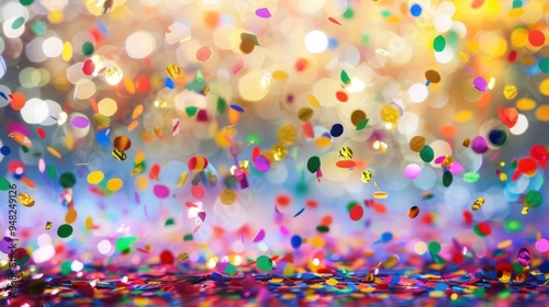 A festive scene of colorful confetti falling with bright lights in the background, creating a celebratory atmosphere.