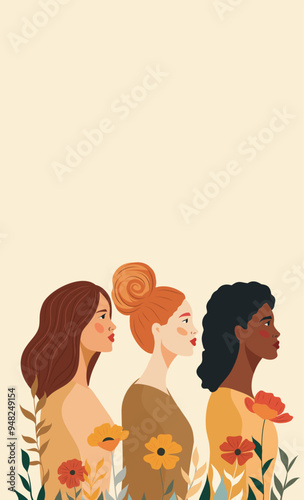 Different women in flowers stand together. International Women's Day. Holiday banner, 8 March card. Feminism concept, women empowerment, gender equality. Vector illustration for advertising, website