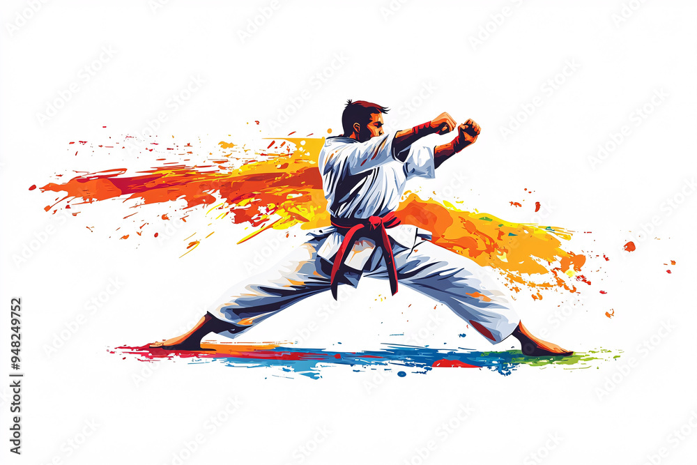A karate fighater in action pose in front of white background. Colorful paint splatters on white background.
A karate fighater in action pose in front of white background. Colorful paint splatters on white background.
