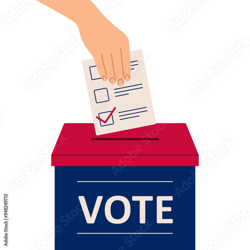 Election 2024. Hand put ballot paper into voting box. Voting concept. Flat isolated vector illustration