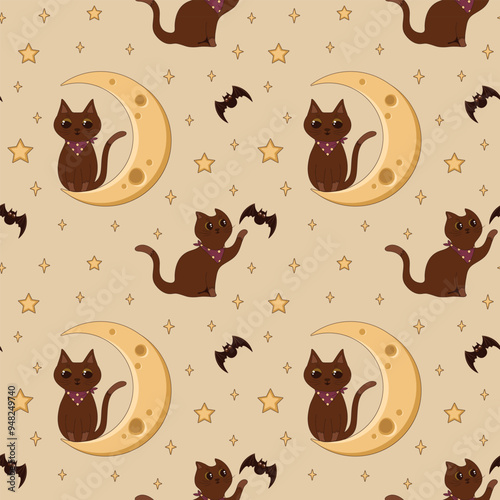 Cozy autumn Halloween seamless pattern with cute cats