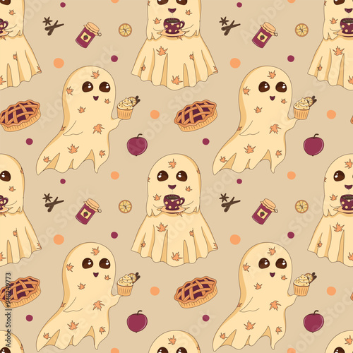 Cozy autumn Halloween seamless pattern with cute ghosts
