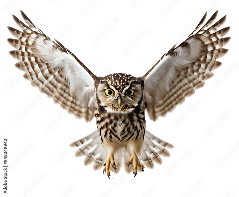Obraz premium A majestic snowy owl in flight with wings outstretched against a white background. Perfect for nature publications, winter-themed designs, or symbolizing wisdom and grace.