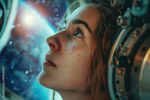 Woman Gazing Out Spaceship Window at Earth and Stars