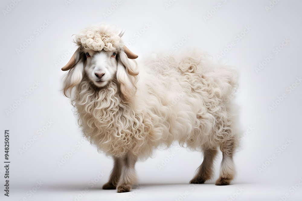 A fluffy angora goat with long curly fur standing on a white background, AI Generated