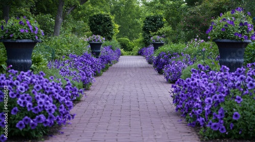 Fototapeta Naklejka Na Ścianę i Meble -  A deep purple garden path flanked by purple flowers on both sides, matching the rich walkway color