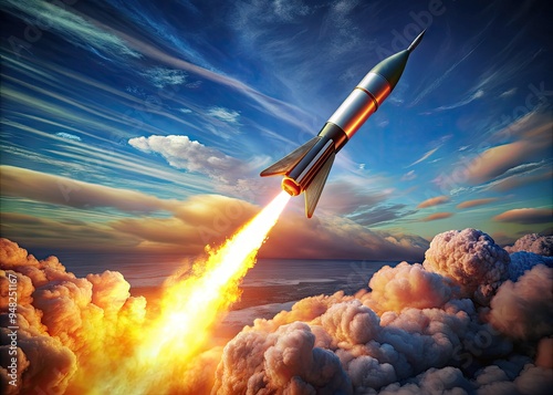 Highly detailed 3D illustration of a modern ballistic missile soaring through the sky, leaving a vibrant fiery trail, against a clear transparent background. photo